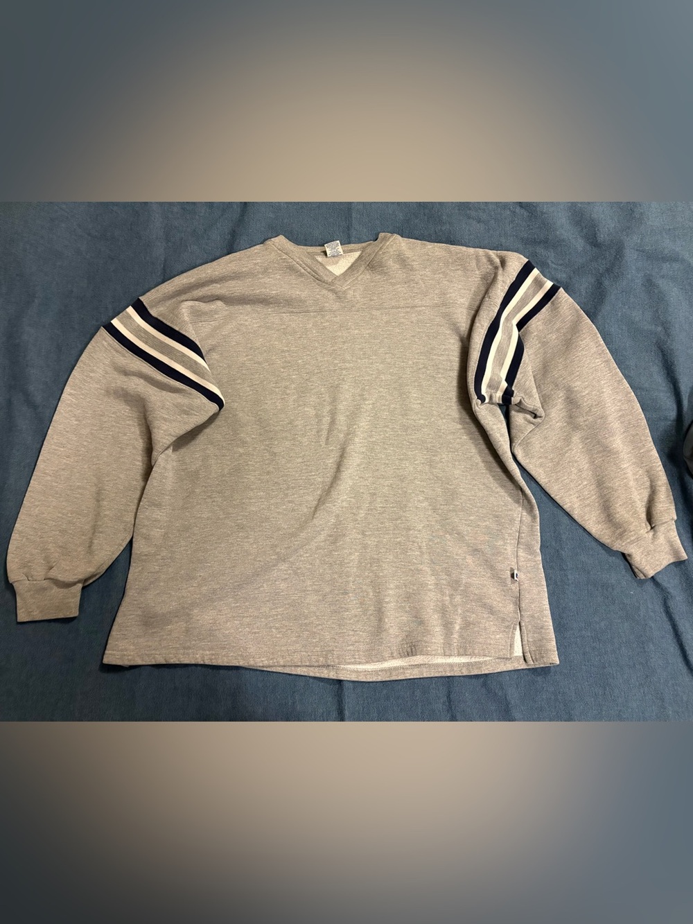 Vintage Russell Athletic Gray V-Neck Sweatshirt Navy and White Sleeve Stripes